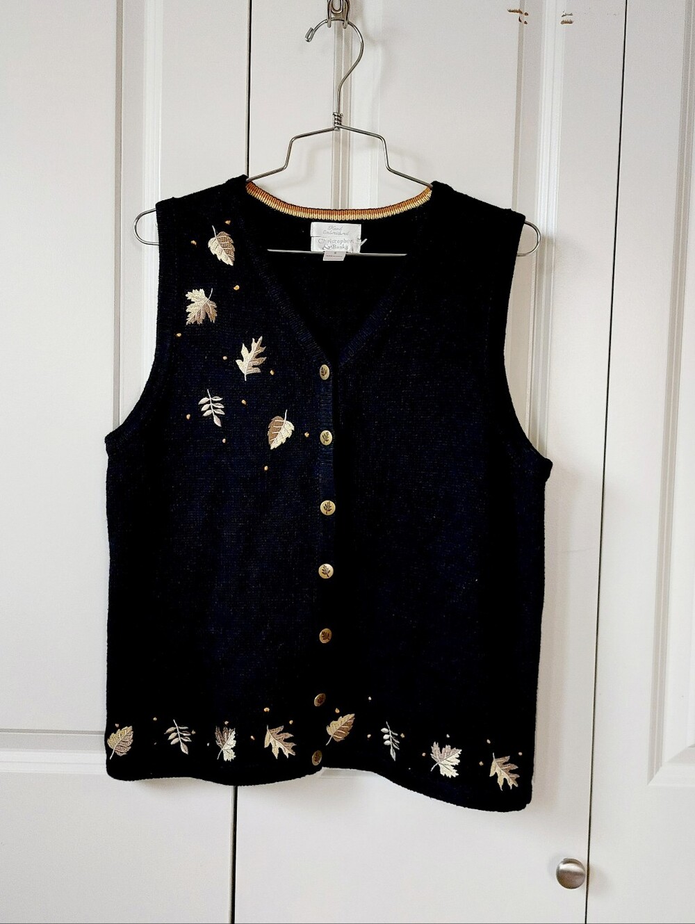 Gold & Brown Autumn Leaves Sweater Vest Small Granny Cottagecore Teacher FALL